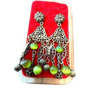 Vintage-Style Brass & Green Beaded Dangle Earrings With Intricate Filigree Desig